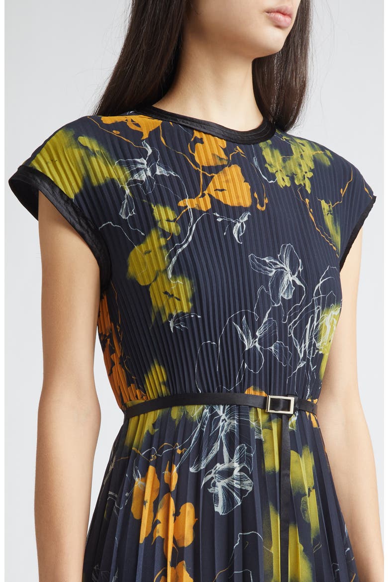 Shadow Floral Print Pleated Georgette Midi Dress, Alternate, color, ULTRA NAVY