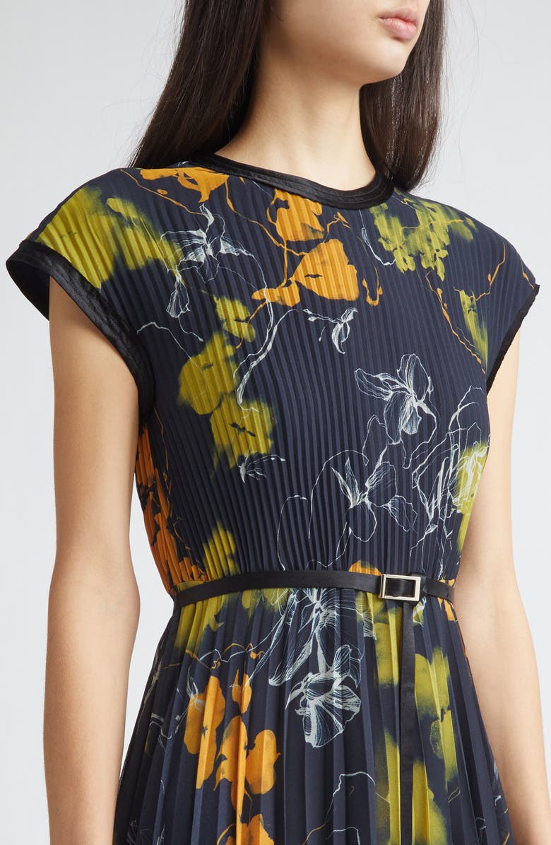 Jason Wu Collection Shadow Floral Print Pleated Georgette Midi Dress, Alternate, color, Ultra Navy