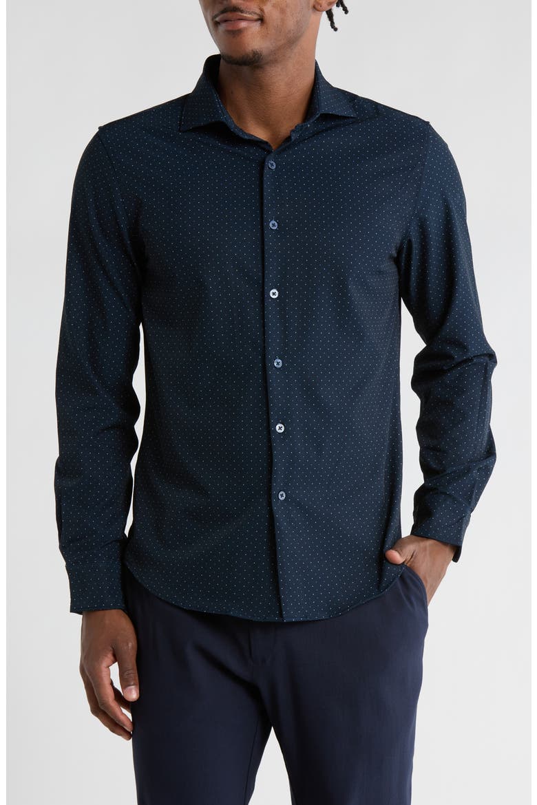 Polka Dot Stretch Button-Up Shirt, Main, color, NAVY