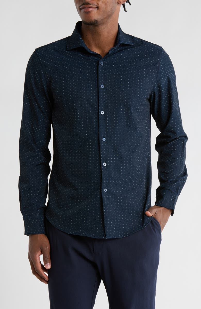 DENIM AND FLOWER Polka Dot Stretch Button-Up Shirt, Main, color, Navy