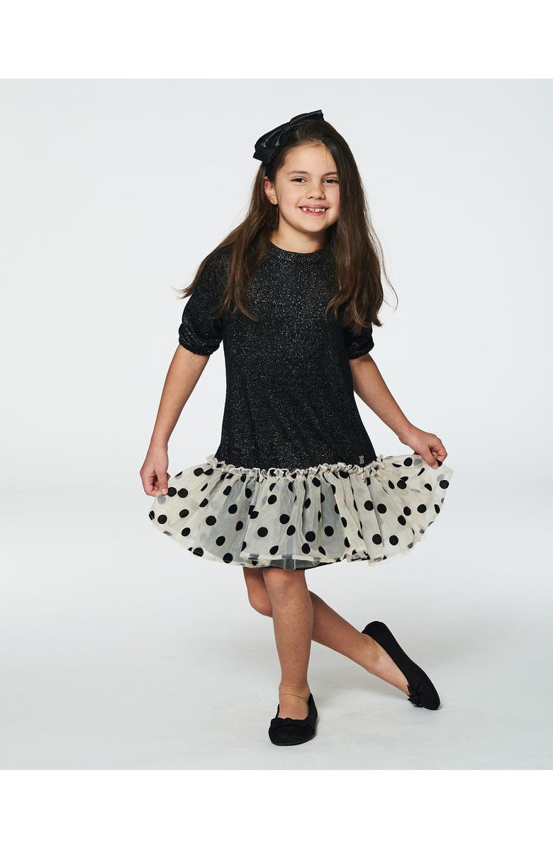Deux par Deux Girl's Bi-Material Long Sleeve Dress With Frill Shimmering Black, Alternate, color, 