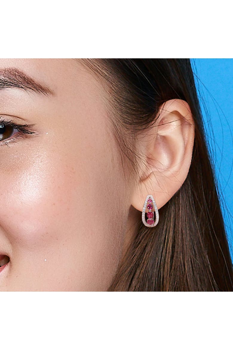 Lab-Created Ruby & Diamond Hoop Earrings 14k, Alternate, color, Ruby