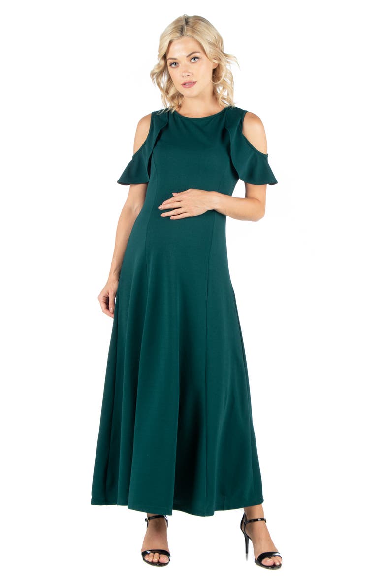 Maternity Ruffle Cold Shoulder A-Line Maxi Dress, Main, color, Hunter