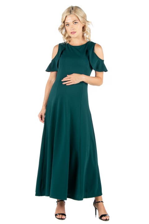 Maternity Ruffle Cold Shoulder A-Line Maxi Dress