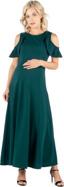 24seven Comfort Apparel Maternity Ruffle Cold Shoulder A-Line Maxi Dress