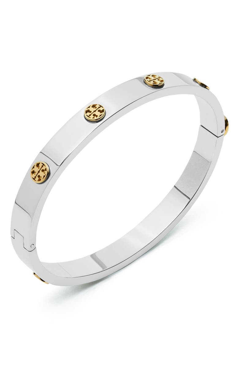 Tory Burch Icon Hinge Bracelet, Alternate, color, Tory Silver / Tory Gold