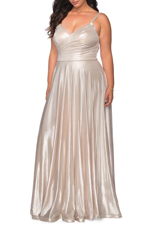 LA FEMME LA FEMME METALLIC GRECIAN LONG PLUS SIZE DRESS