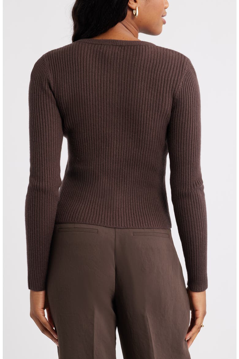 Ribbed Crewneck Cardigan, Alternate, color, BROWN SEAL