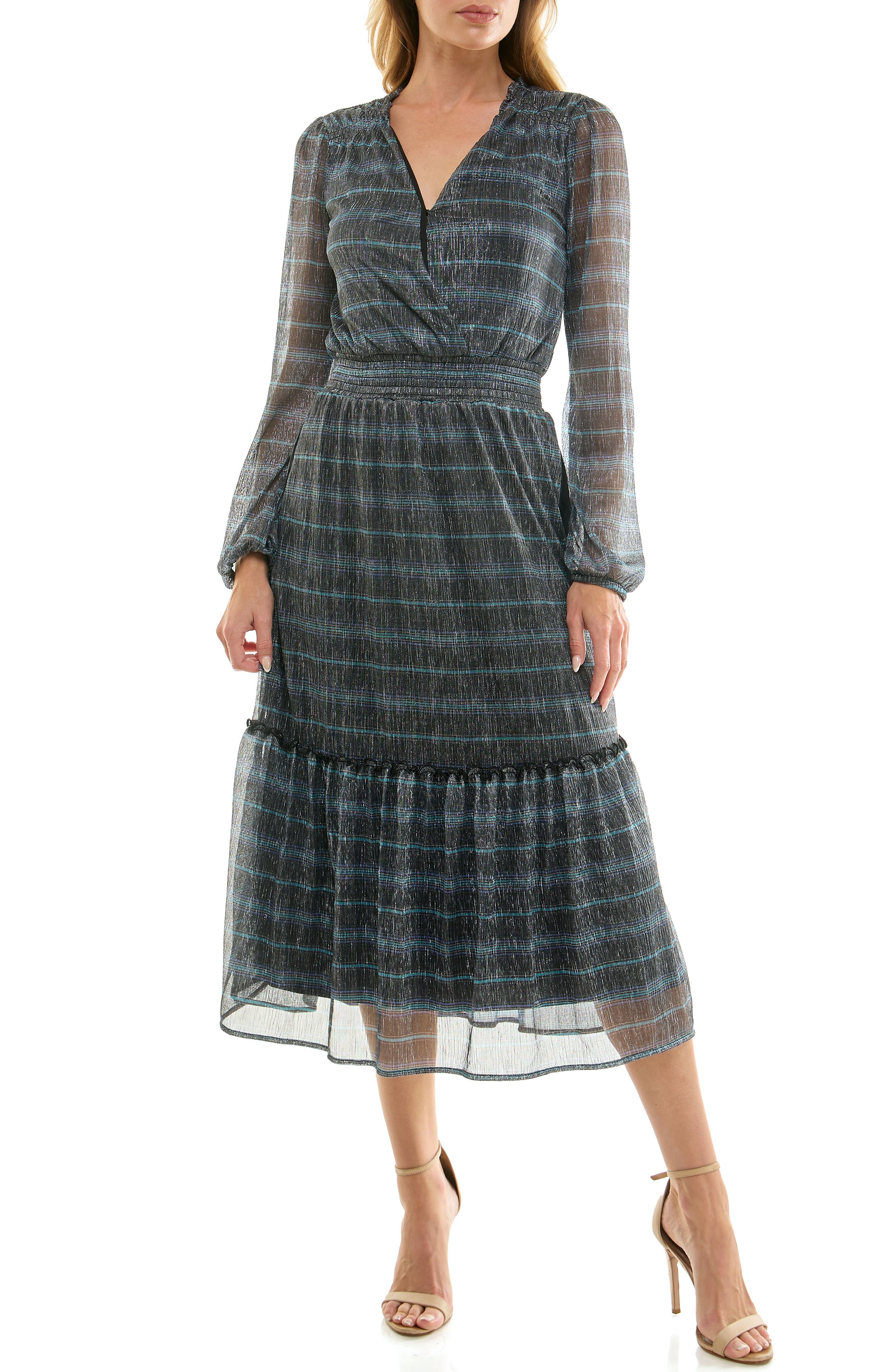 Socialite Metallic Long Sleeve Tiered Chiffon Midi Dress