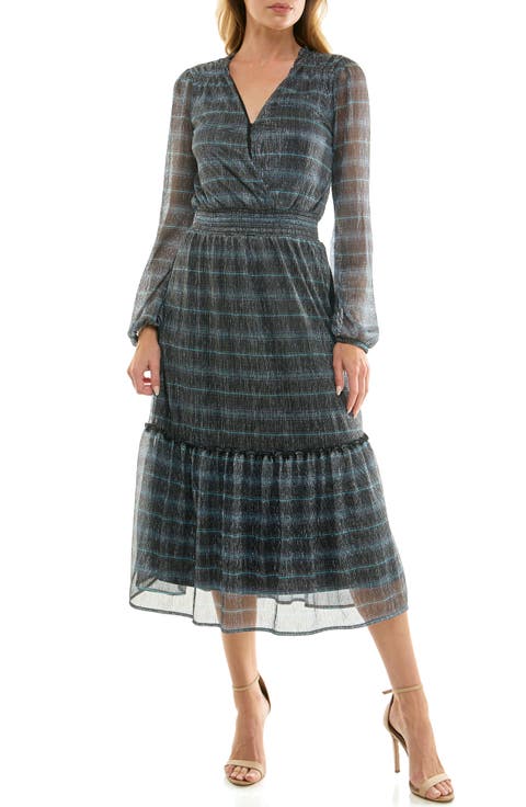 Metallic Long Sleeve Tiered Chiffon Midi Dress