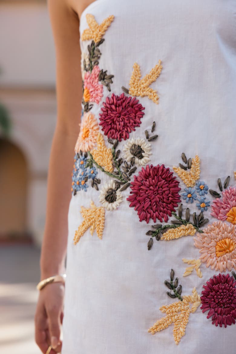 Strapless Floral Embroidered Linen Gown, Alternate, color, White Multi