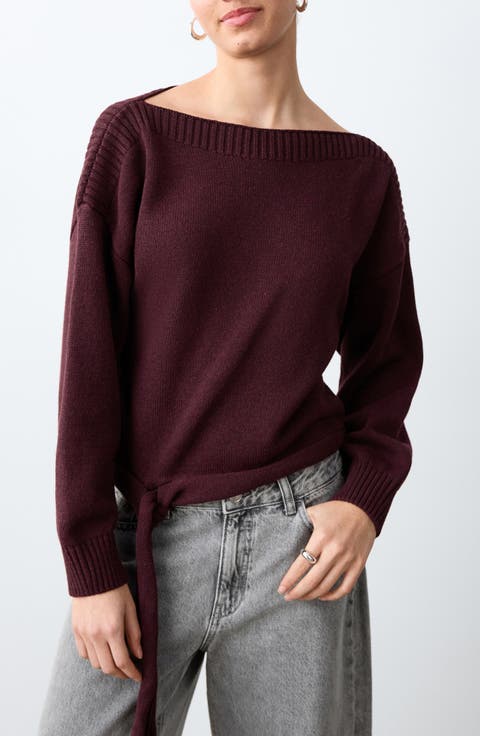 Boat Neck Tie Hem Cotton Blend Sweater