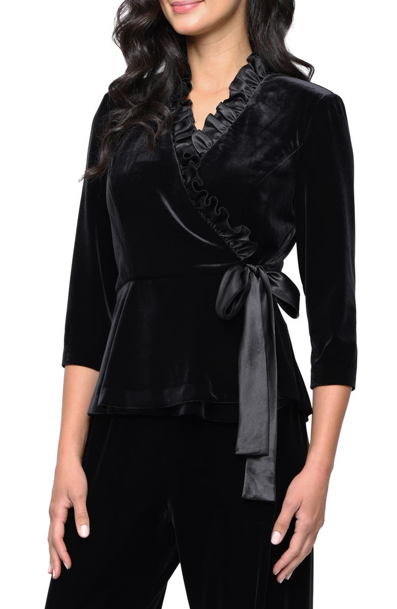 Alex Evenings Satin Frill Velvet Wrap Top, Main, color, Black