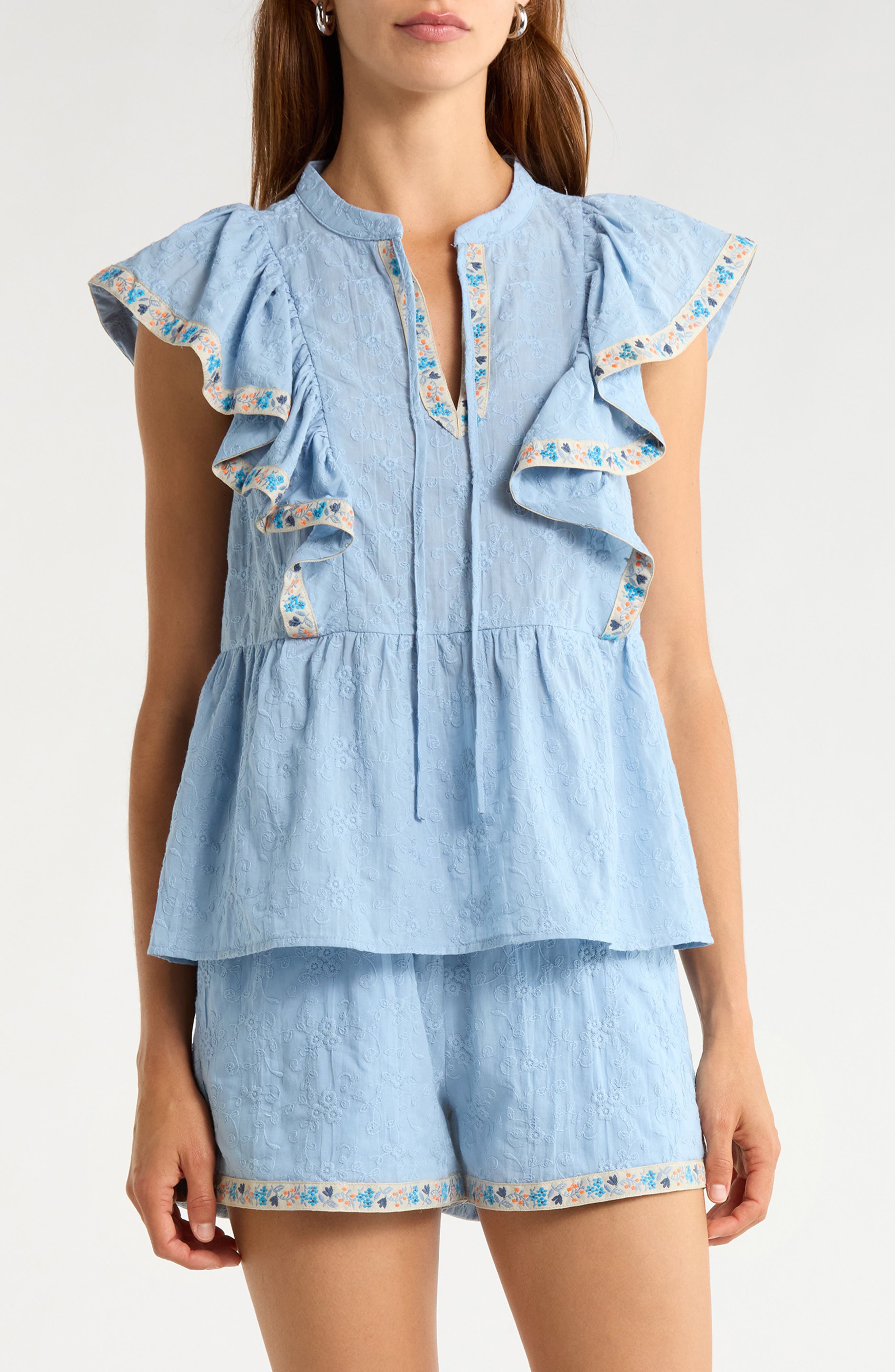 Marcy Floral Ruffle Trim Split Neck Top