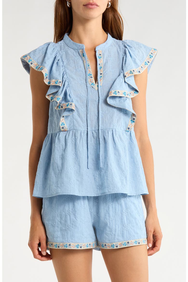 Marcy Floral Ruffle Trim Split Neck Top, Main, color, LT-BLUE