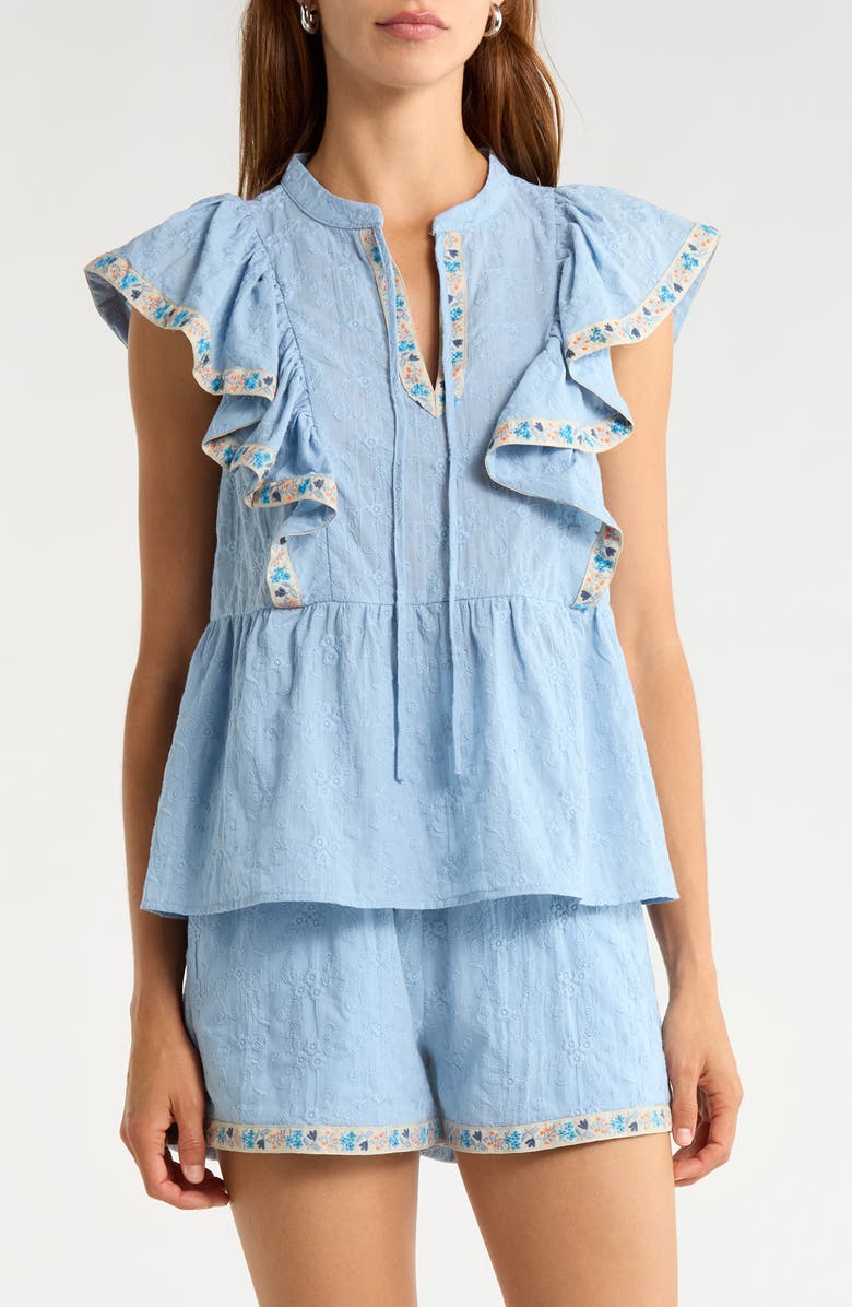 SUGARLIPS Marcy Floral Ruffle Trim Split Neck Top, Main, color, Lt-Blue