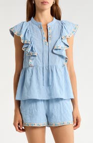 SUGARLIPS Marcy Floral Ruffle Trim Split Neck Top