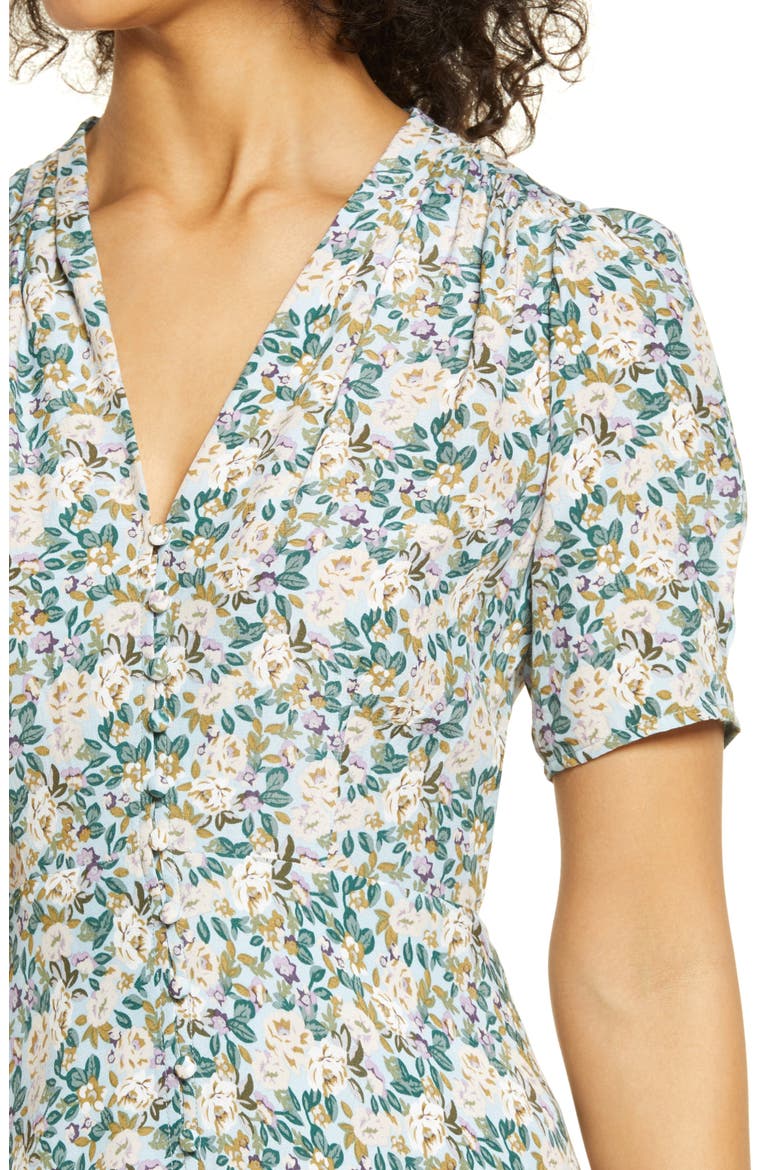 Floral Button Front Midi Dress, Alternate, color, TEAL MULTI FLORAL