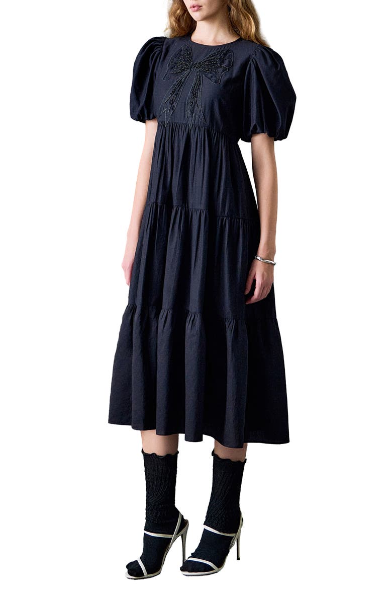 Sequin Bow Detail Tiered Organza Midi Dress, Alternate, color, BLACK