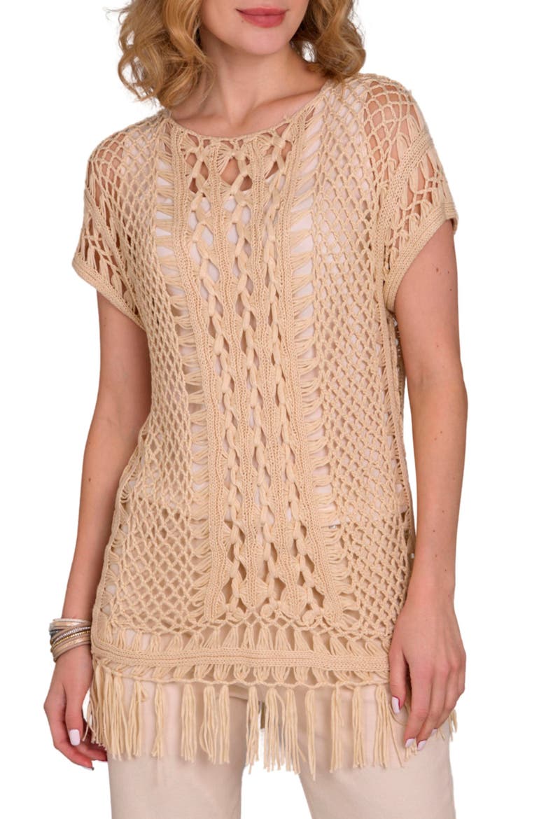 Fringe Crochet Poncho, Main, color, IVORY