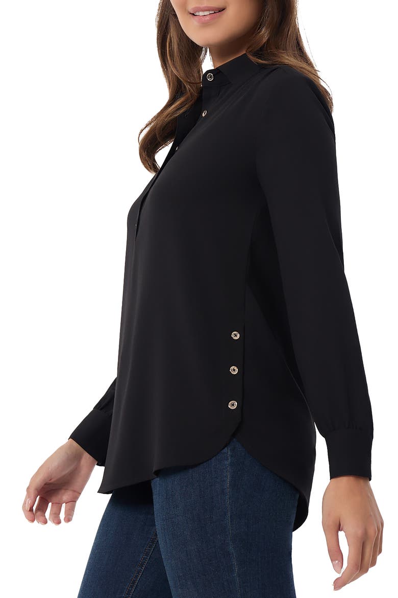 Side Button Long Sleeve Crepe Polo, Alternate, color, JONES BLACK