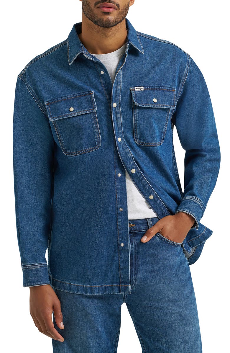 Wrangler Cotton Denim Snap-Up Overshirt, Main, color, Retro Blue