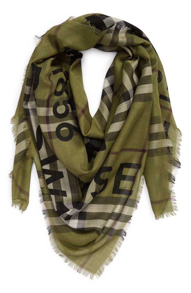 Burberry Horseferry Giant Check Fringe Trim Wool & Silk Scarf, Main, color, 