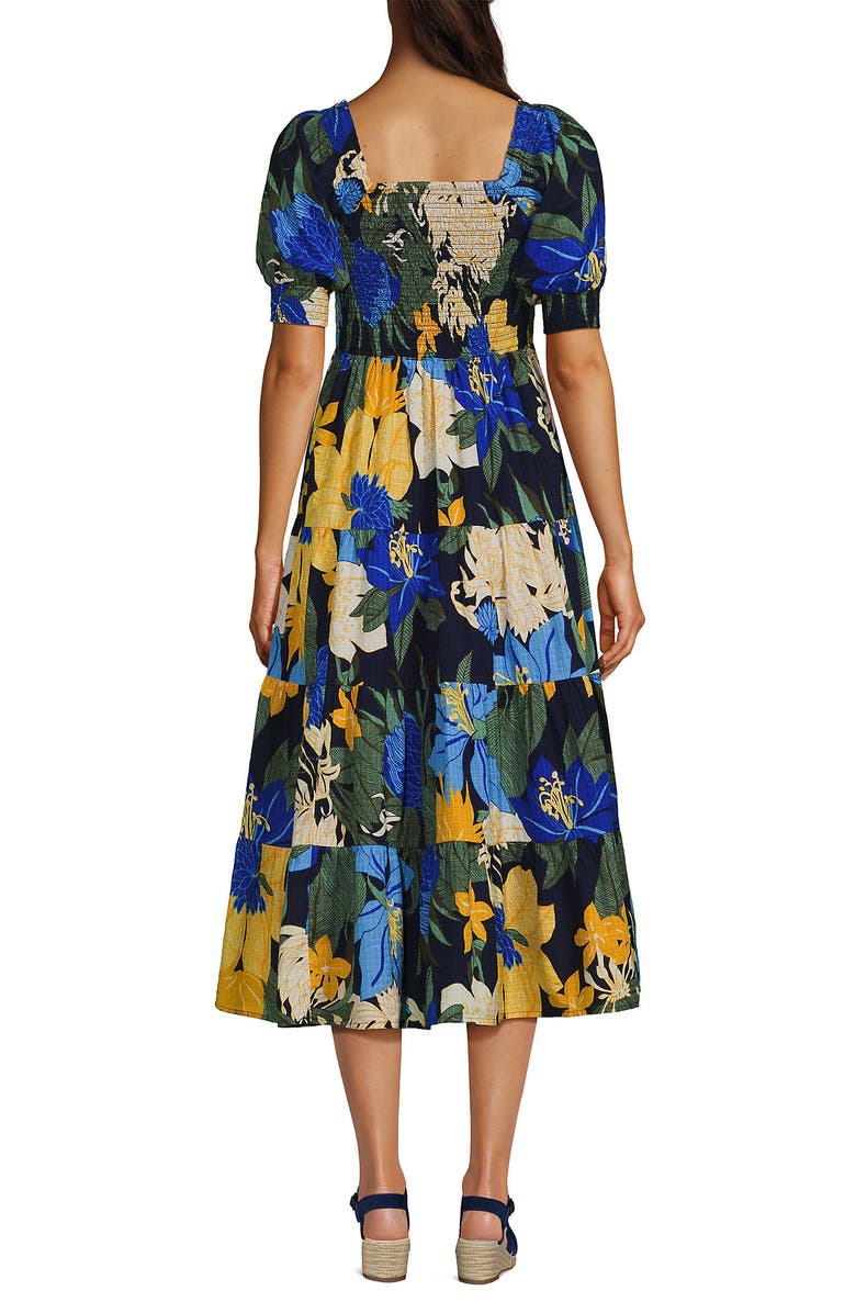 Lands' End Smocked Cotton Dobby Midi Puff Sleeve Dress, Alternate, color, 