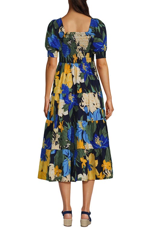 LANDS' END LANDS' END SMOCKED COTTON DOBBY MIDI PUFF SLEEVE DRESS