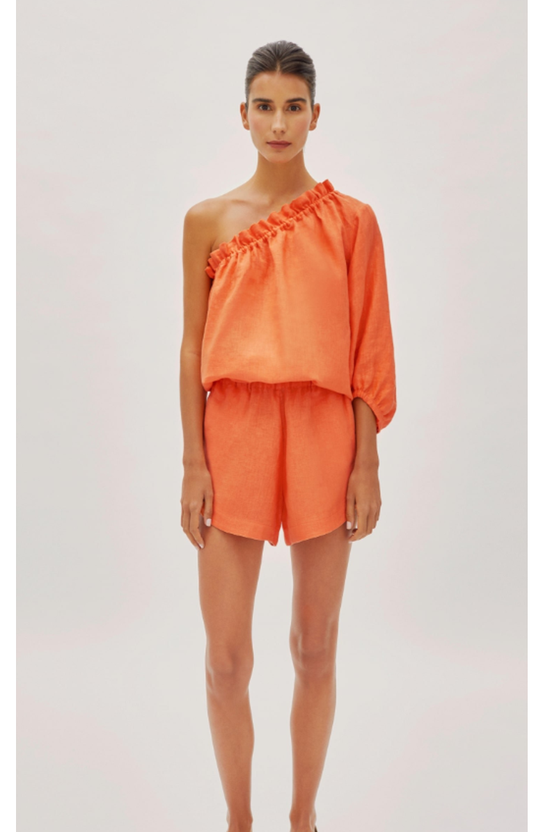 Labeca London Capri Citrus Linen Shorts, Main, color, Orange