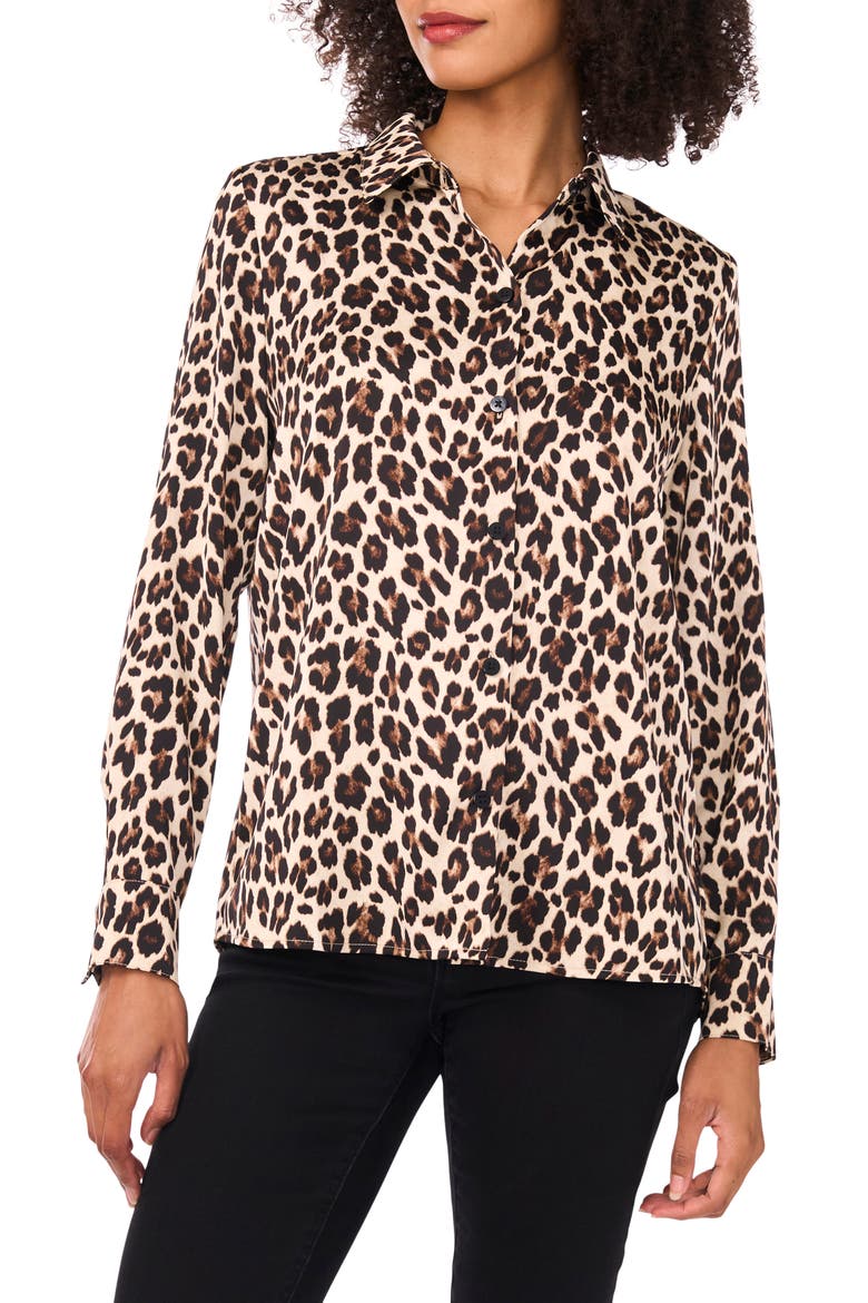 Print Button-Up Shirt, Alternate, color, RICH BLACK LEOPARD