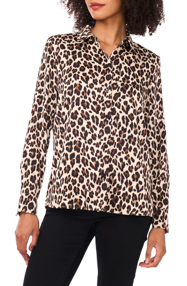 Vince Camuto Print Button-Up Shirt, Alternate, color, Rich Black Leopard