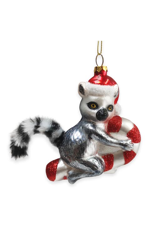 Lemur In Santa Hat On Candy Cane Glass Ornament
