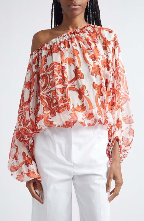 Majolica Print Off the Shoulder Chiffon Top