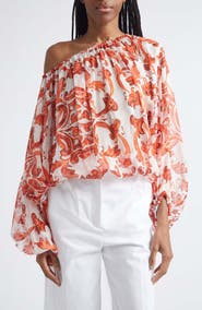 Dolce&Gabbana Majolica Print Off the Shoulder Chiffon Top
