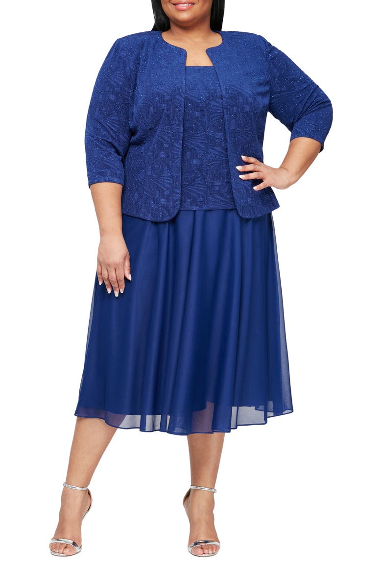 Glitter Mock Two-Piece Dress with Jacket, Main, color, ELECTRIC/ BLUE