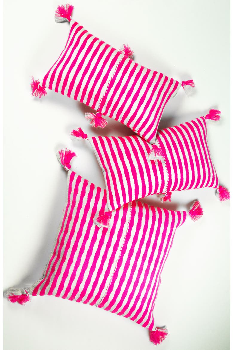 Antigua Neon Striped Handwoven Cotton Throw Pillow, Alternate, color, Neon Pink and Ivory