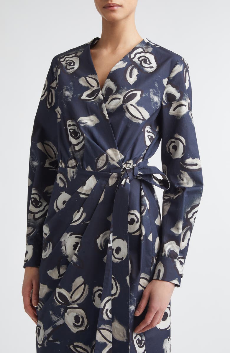 Max Mara Floral Print Long Sleeve Cotton Wrap Dress, Alternate, color, Ultramarine
