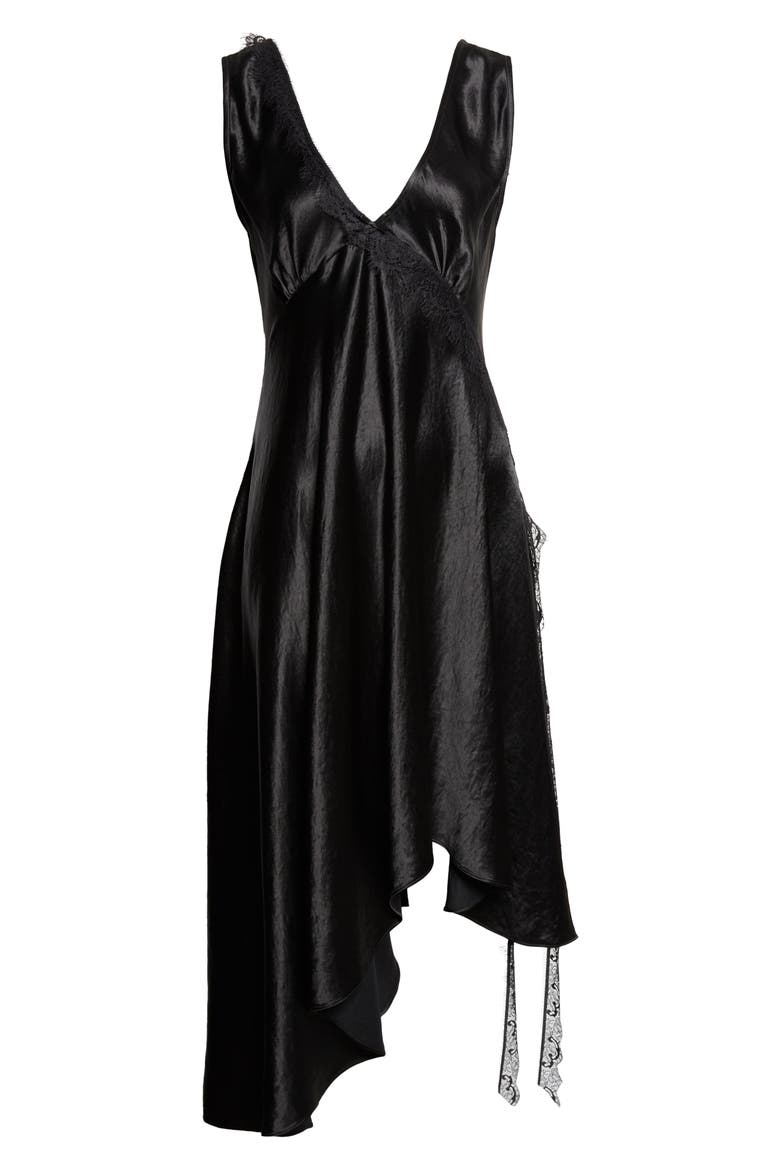 Tulip Asymmetric Lace Trim Satin Dress, Alternate, color, BLACK