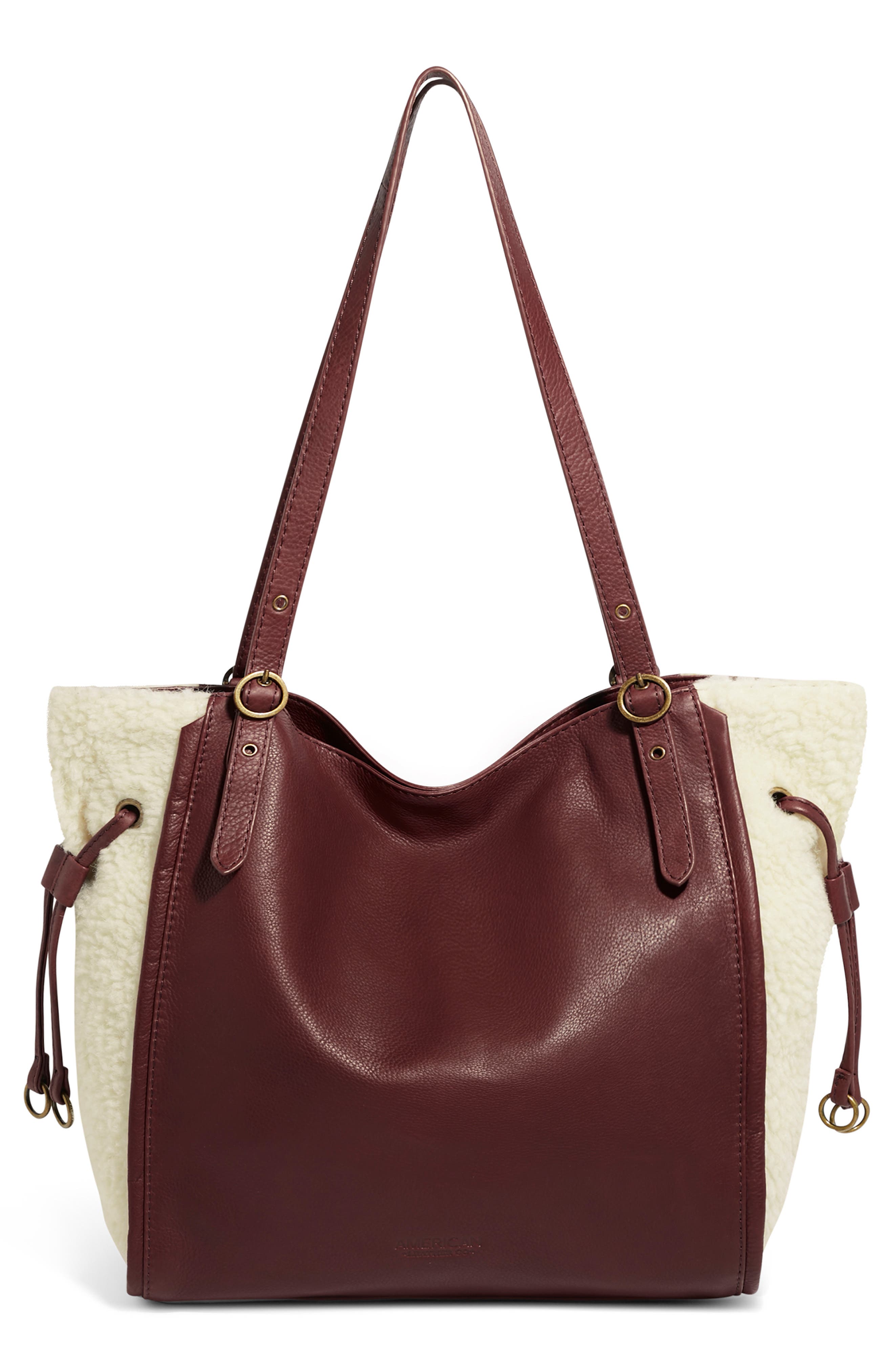 AMERICAN LEATHER CO. Kirby Faux Shearling Trim Tote Bag, Main, color, Cordovan/ Shearling