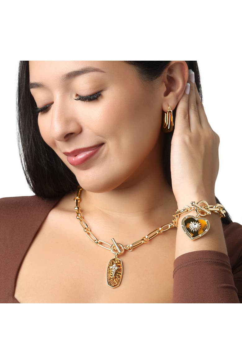Heart Charm Bracelet Chunky Gold-tone, Toggle Closure, Alternate, color, Brown