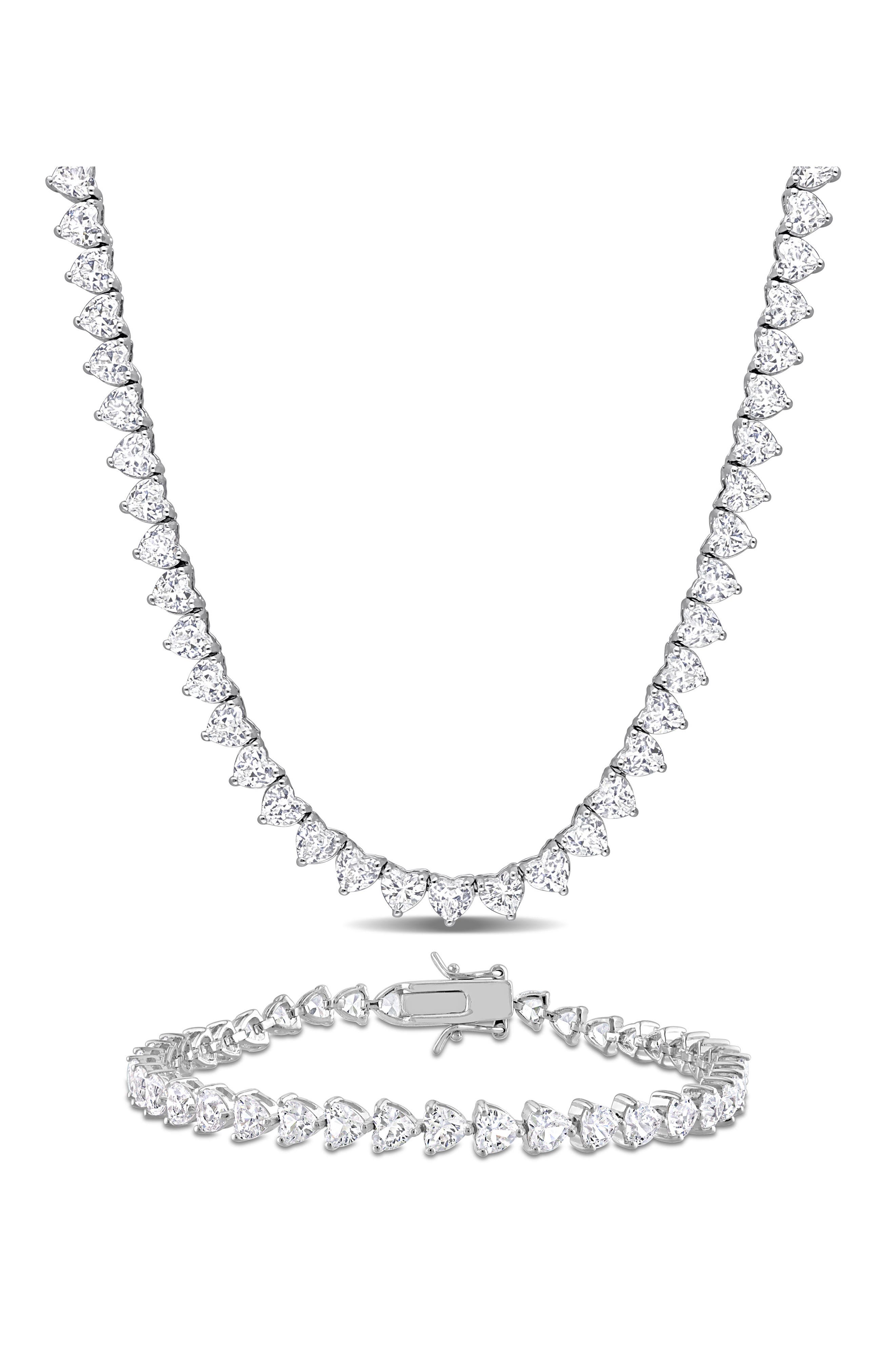 DELMAR Lab Created White Sapphire Heart Tennis Necklace & Bracelet Set