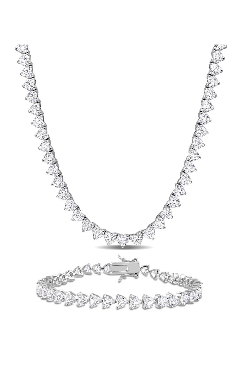Lab Created White Sapphire Heart Tennis Necklace & Bracelet Set, Main, color, WHITE