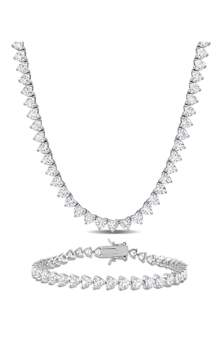 DELMAR Lab Created White Sapphire Heart Tennis Necklace & Bracelet Set, Main, color, White