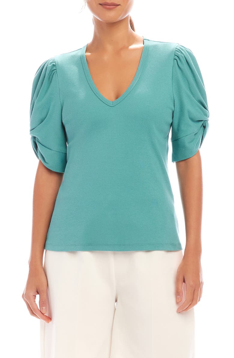 Karen Kane Twist Sleeve Rib Top, Main, color, Aqua