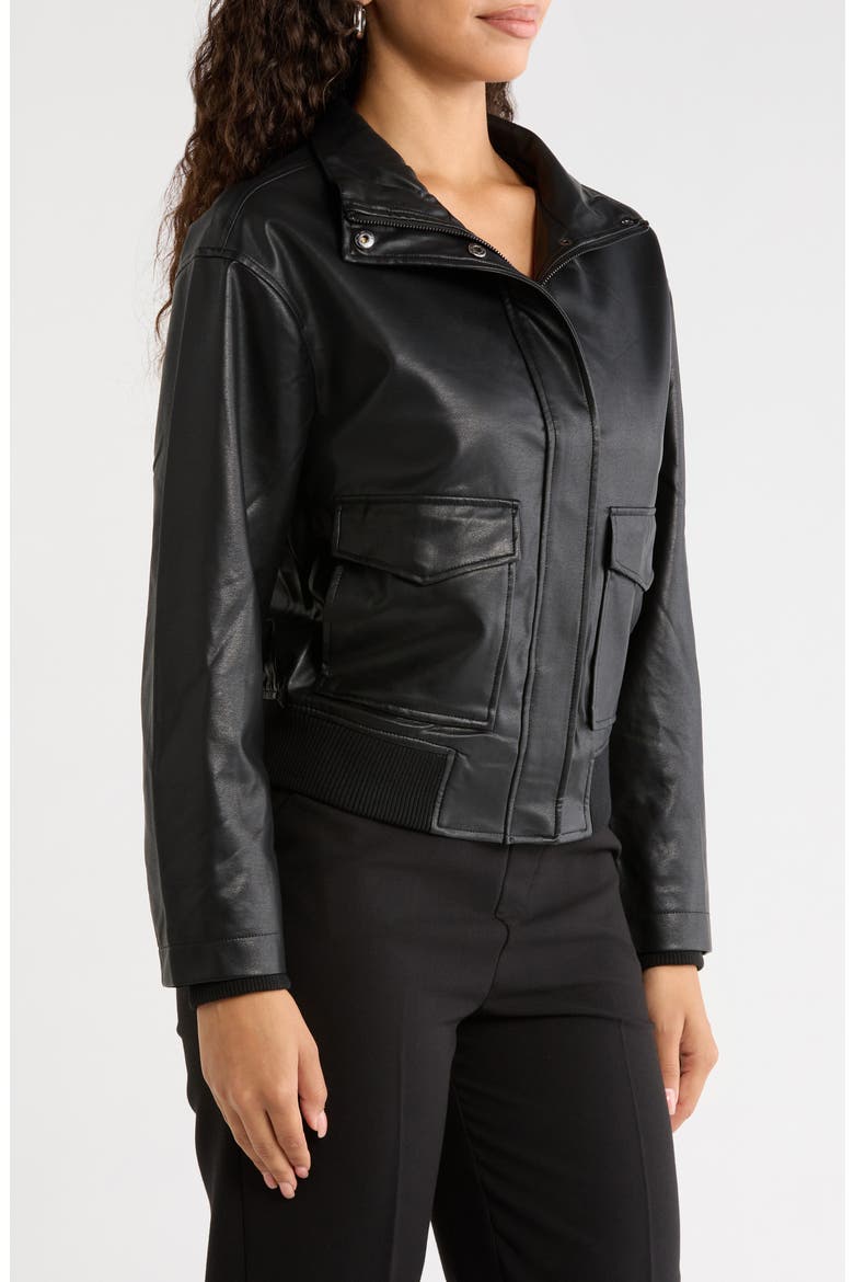 High Neck Faux Leather Bomber Jacket, Alternate, color, RICH BLACK