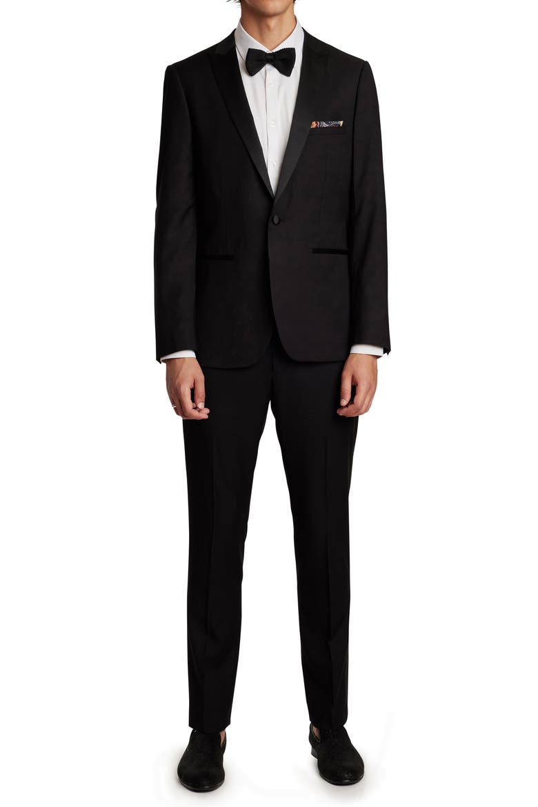 Grosvenor Slim Fit Peak Lapel Tuxedo Jacket, Alternate, color, BLACK STRETCH