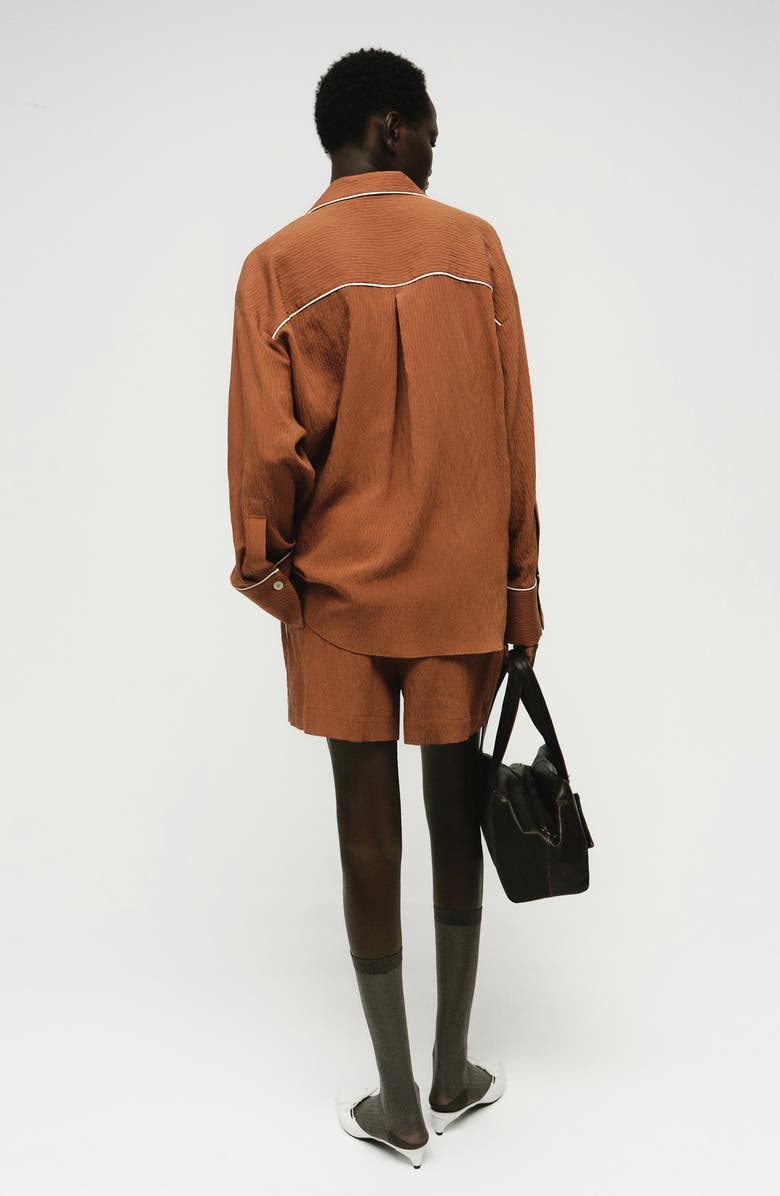 MANGO Contrast Piping Crinkle Oversize Button-Up Shirt, Alternate, color, Brown