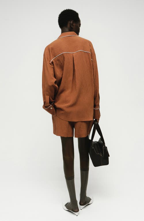 Mango Contrast Piping Crinkle Oversize Button-up Shirt In Brown