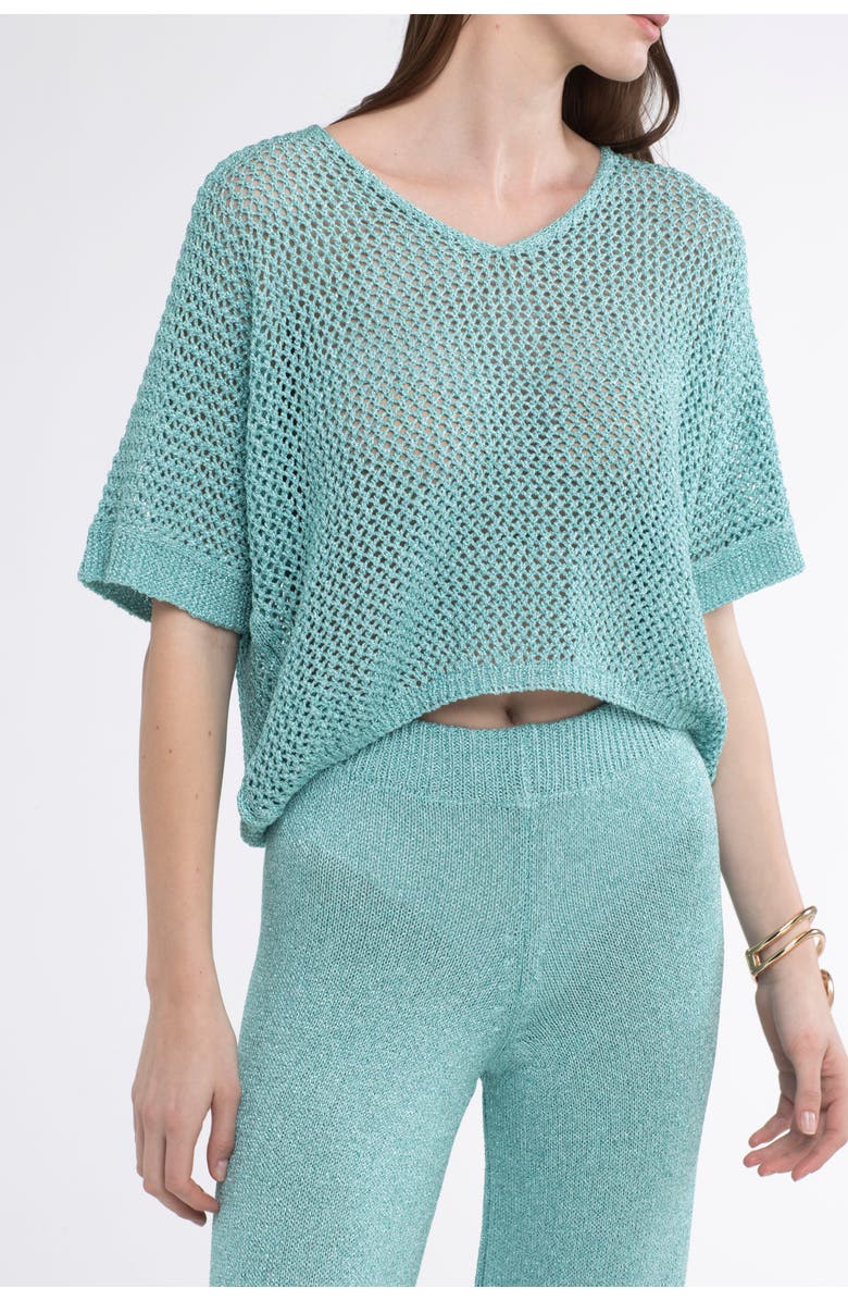 Sunday St. Tropez Leo Crochet Cover-Up Loose Top, Alternate, color, Turquoise